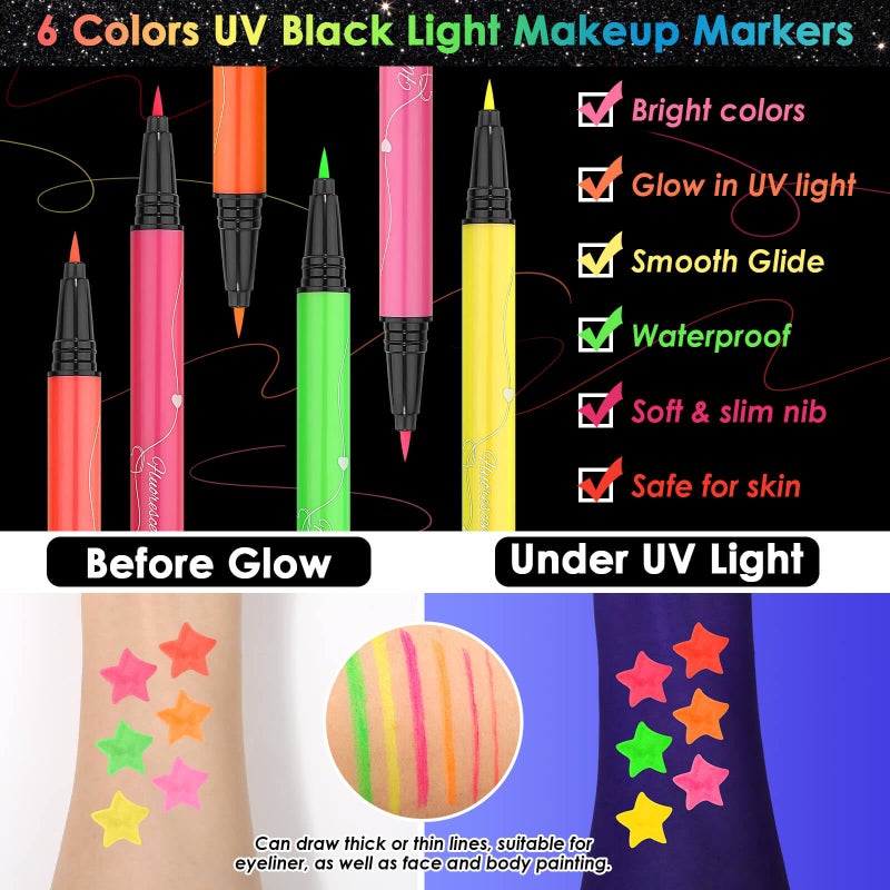 Flasoo Glow in The Dark Glitter Gel with UV Neon Liquid Eyeliner Pen Set for Body Face Hair Eye, Makeup Kit for Rave Accessories Party Halloween Anime Cosplay Concerts Festival Carnival Face Paint - Image 3